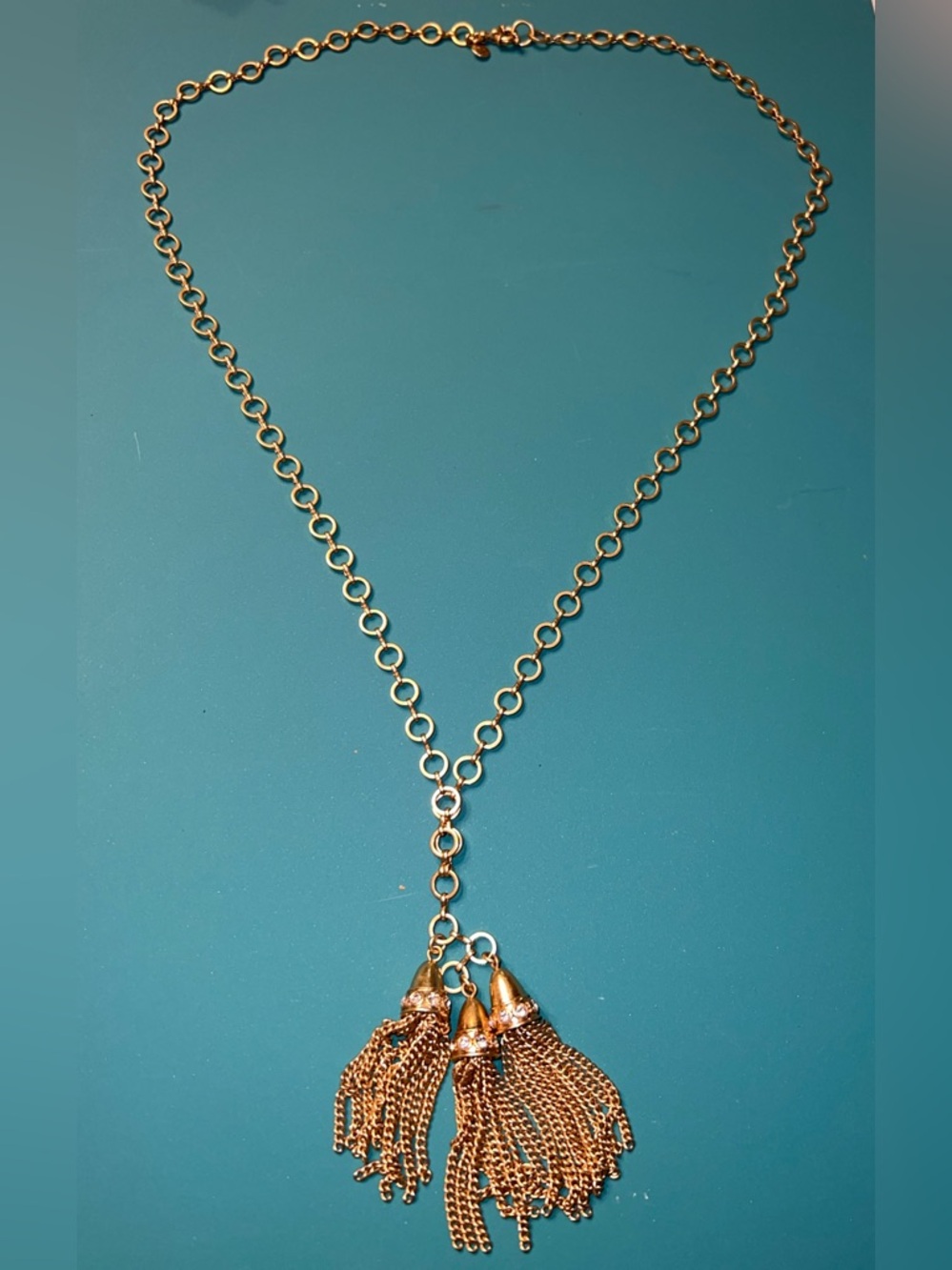 J.Crew Long Chain Link Triple Tassel Pendant Necklace Gold Tone Crystals 32”